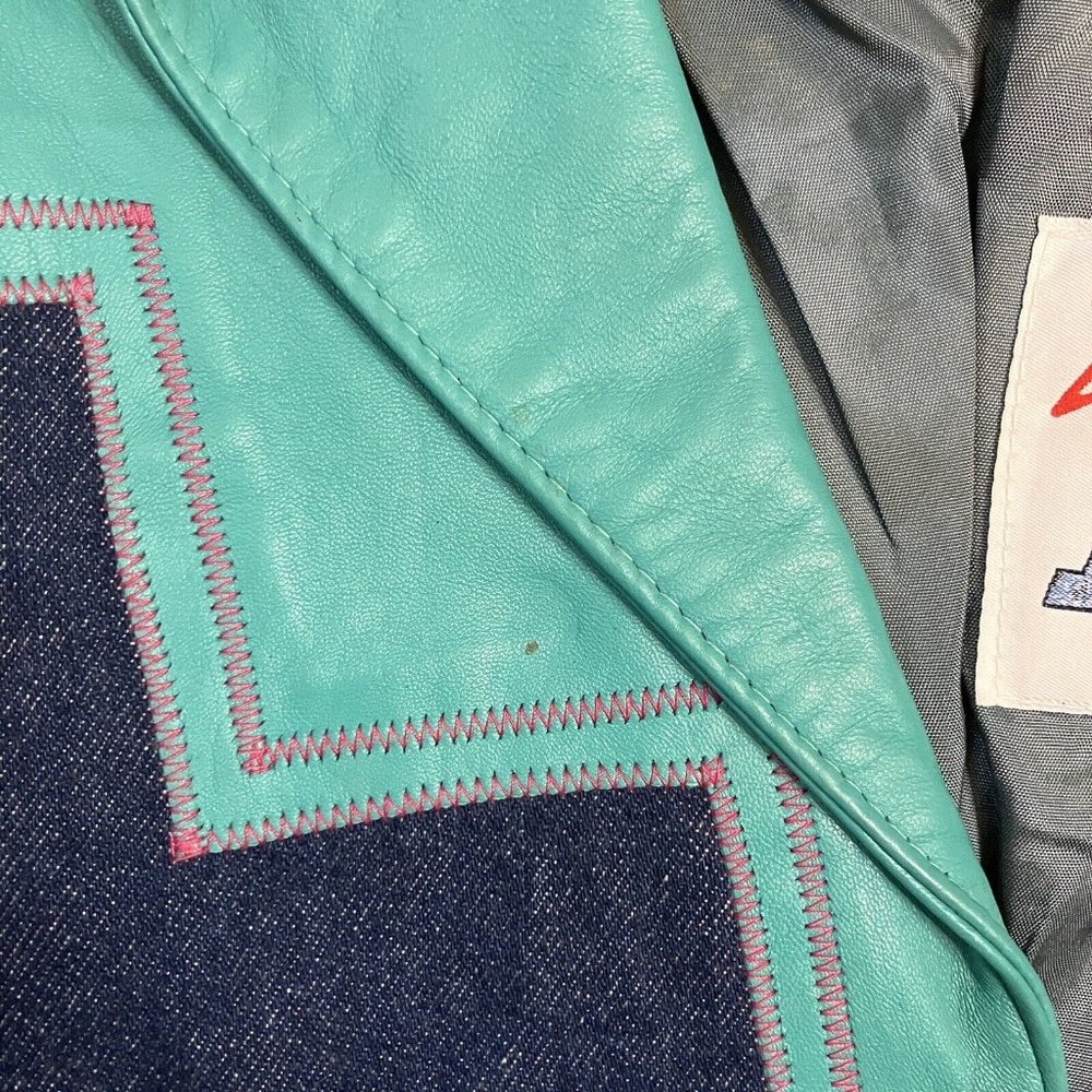 Vintage Diamond Denim & Leather Western Bright Fringe Cowboy Cowgirl Crop Jacket - Picture 8 of 11